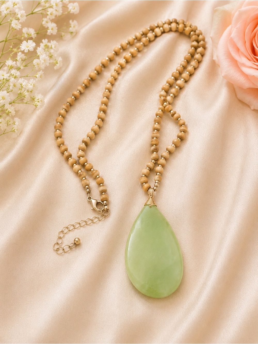 World Market Beaded Green Teardrop Pendant Necklace